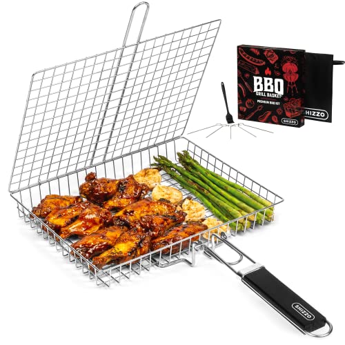 Shizzo Grill Basket, Barbecue BBQ Grilling Basket , Stainless Steel Large Folding Grilling Baskets with Handle, Portable Outdoor Camping BBQ Rack for
