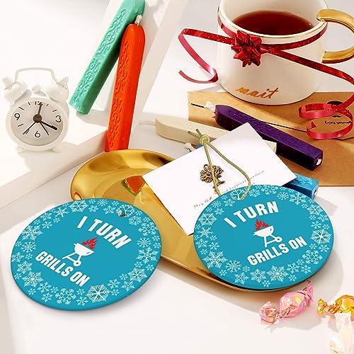 I Turn Grills On Christmas Tree Round Hanging Ornaments Double-Sided Printing Ceramic Ornaments - Grill Parts America