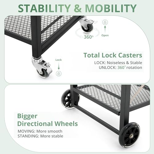 LUE BONA Foldable Outdoor Grill Cart with 2 Total Lock Casters, Stainless Steel Pizza Oven Stand, Rolling BBQ Table and 3 Shelf Folding Kitchen Island, Black - Grill Parts America