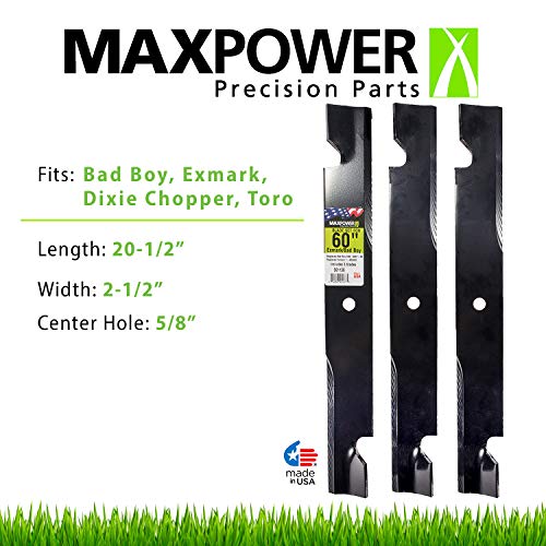 Maxpower 561136B 3-High Lift Blade Set for Many 60 in. Cut Exmark Mowers Replaces OEM #'s 633483, Bad Boy 038-2007-00, Toro 105771803 - Grill Parts America