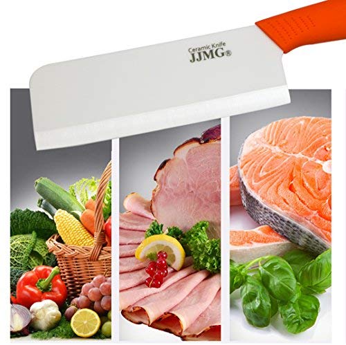 JJMG Ceramic Meat Cleaver Knife Sharp Durable Twice Thicker than Leading Brands non-slip grip Handle Zirconium Blade Cut Slice Dice Steak Pork Chicken Cheese Rust Wear Resistance (Orange) - Kitchen Parts America