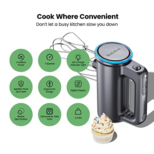Chefman Cordless Hand Mixer, 7 Speed Electric Handheld Kitchen Food Mixer, Easily Whisk Eggs, Whip Cream, or Mix Cookie Dough, Digital Display, Dishwasher Safe Parts, and LED Charge Indicator Light - Kitchen Parts America