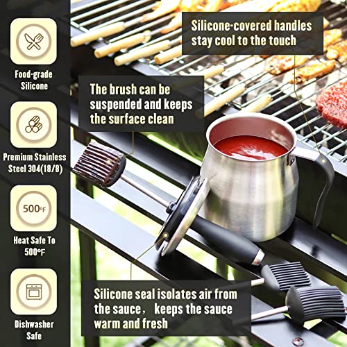 BBQ Basting Pot with 3 Basting Brushes Set,Airtight Stainless Steel Barbecue Sauce Pot,Silicone BBQ Brushes for Sauce,BBQ Grilling Gifts for Men Dad,BBQ Gadgets Grill Accessories,32oz Large Capacity - Grill Parts America