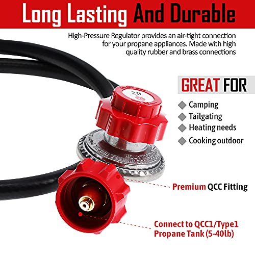 GasOne 2109-RED 4 ft High Pressure 0-20 PSI Adjustable Regulator with Red QCC-1 Type Hose-Works with Newer U.S. Propane Tanks - Grill Parts America