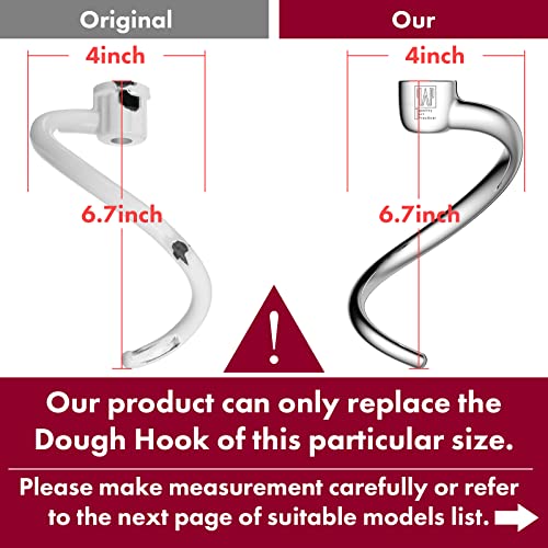 Spiral Dough Hook Replacement for KitchenAid 5plus/6 Qt. Bowl-Lift Stand Mixers/Polished 18/8 Stainless Steel Accessories/No coating/Dishwasher Safe/Compatible for KNS256CDH - Kitchen Parts America