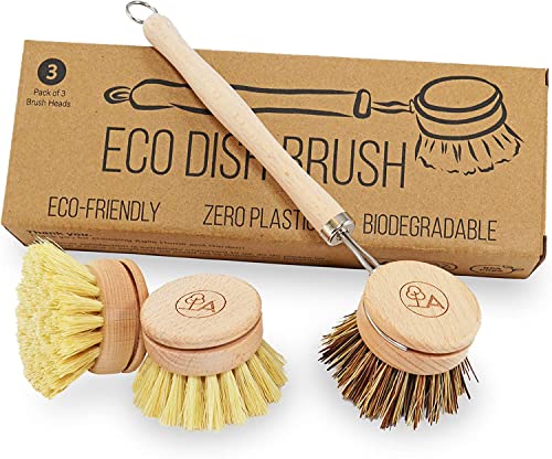Eco Friendly Dish Brush with Handle - Eco Kitchen Brushes for Dishes - Dish Cleaning Brush Set with 3 Natural Dish Brush Replacement Heads - Eco Cleaning Tools - Agile Home + Garden Eco Friendly Gifts - Grill Parts America