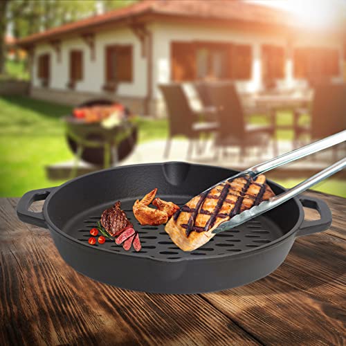 MOASKER 12" Cast Iron Round Grill Basket for Veggie Meat Fish, Dual Handle BBQ Grill Topper for Outdoor Grill, Fit for any Charcoal Smoker & Gas Grills, Nonstick Pan Tray - Grill Parts America