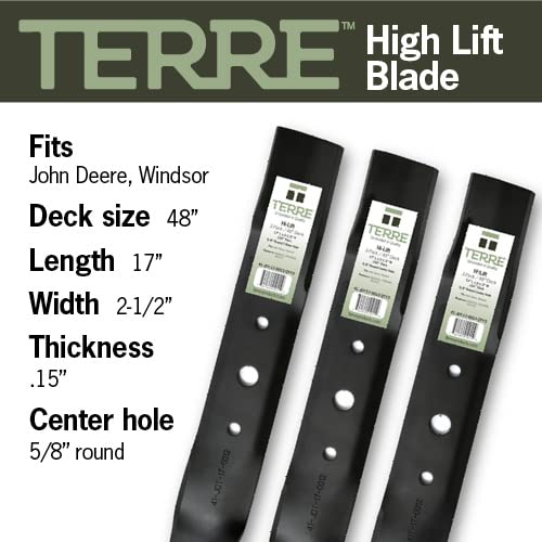 Terre Products, 3 Pack Hi Lift Lawn Mower Blades, 48 Inch Cut, Compatible with John Deere Decks L120, L130, L2048, L2548, 1948, 2048, 2148, Scotts L2048, Replacement for GX20250, GY20568 - Grill Parts America