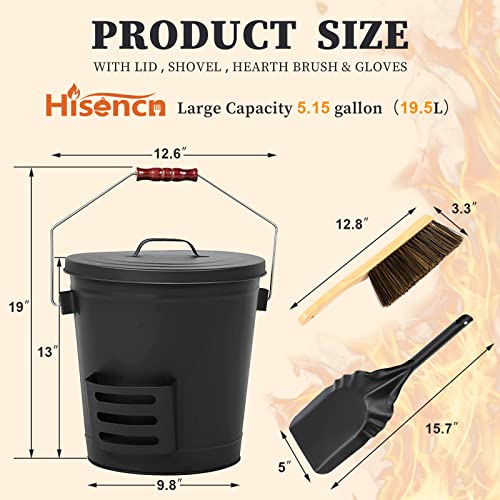 Hisencn Ash Bucket with Lid and Shovel, 5.15 Gallon Large Galvanized Metal Coal and Hot Ash Pail for Fireplace, Hearth, Charcoal Wood Fire Pits Burning Stoves Indoor and Outdoor - Grill Parts America