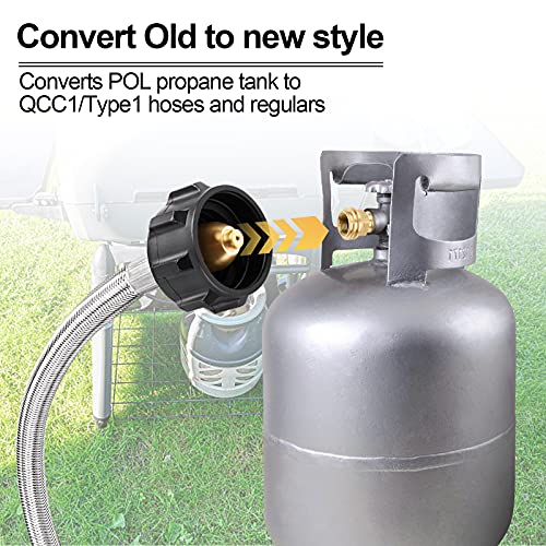 Shirbly Stainless Steel Braided Propane Adapter Hose, 1Lb to 20Lb Propane Conversion for QCC1/Type1 LP Tank, Propane Adapter Hose for Buddy Heaters, Weber Q Grill, Coleman Grill, Camp Stove (6 Feet) - Grill Parts America