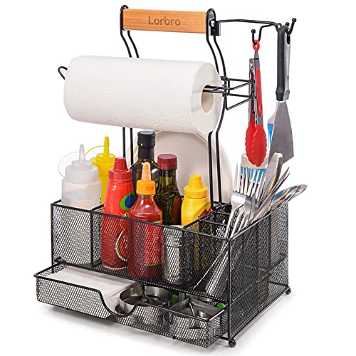 Lorbro Large Grill Utensil Caddy with Drawer, Picnic Camping Caddy with Paper Towel Holder, BBQ Organizer for Grilling Tool, Ideal Organizer for Picnic Condiment and Outdoor Griddle Accessories - Grill Parts America