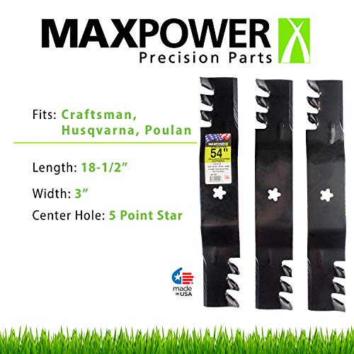 MaxPower 561738XB 3 Blade Commercial Mulching Set for 54" Cut Craftsman, Husqvarna, Poulan s 532187255, 187254, 187255, 187256, Replaces OEM no. 32187255, 532187256, Black - Grill Parts America