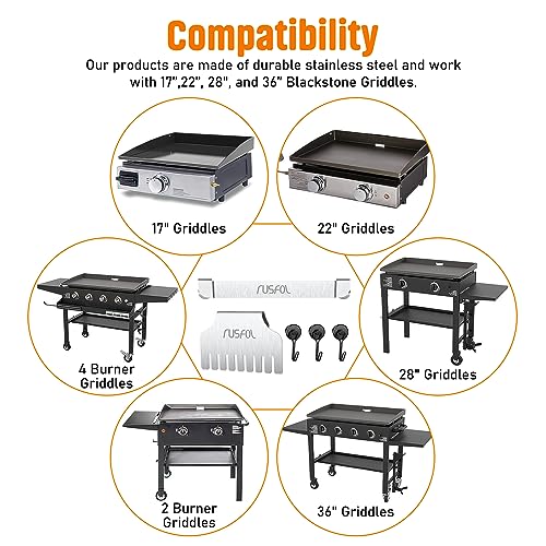 RUSFOL 3-IN-1 Stainless Steel Griddle Spatula Holder with Mesh Screen Grease Gate and 3 Magnetic Hooks for 28"/36" Blackstone Griddles, Flat Top Griddle BBQ Accessories, Free from Drill&Easy install - Grill Parts America
