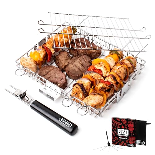 SHIZZO Adjustable Grill Basket, Barbecue BBQ Grilling, Stainless Steel Folding Portable Outdoor Camping Rack for Fish, Shrimp, Vegetables, Cooking Accessories, Gifts for father, husband - Grill Parts America