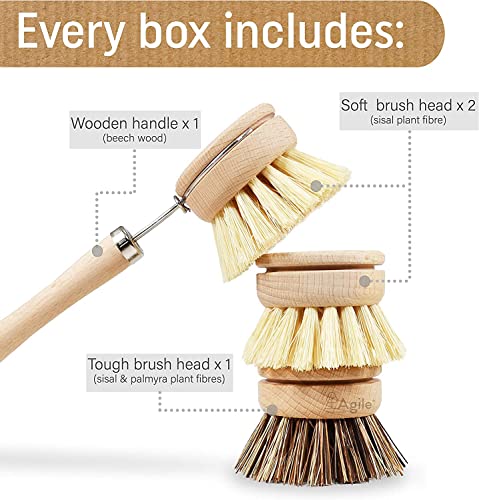 Eco Friendly Dish Brush with Handle - Eco Kitchen Brushes for Dishes - Dish Cleaning Brush Set with 3 Natural Dish Brush Replacement Heads - Eco Cleaning Tools - Agile Home + Garden Eco Friendly Gifts - Grill Parts America