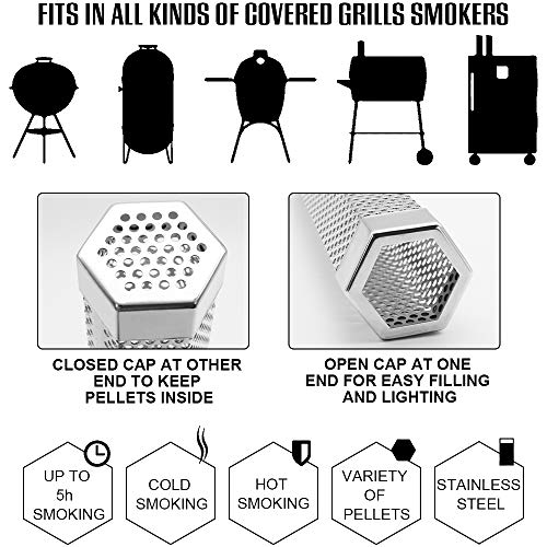 BEWAVE Pellet Smoker Tube for All Grill Electric Gas Charcoal or Smokers Hot/Cold Smoking, Free Tube Brush, 6 Inch - Grill Parts America