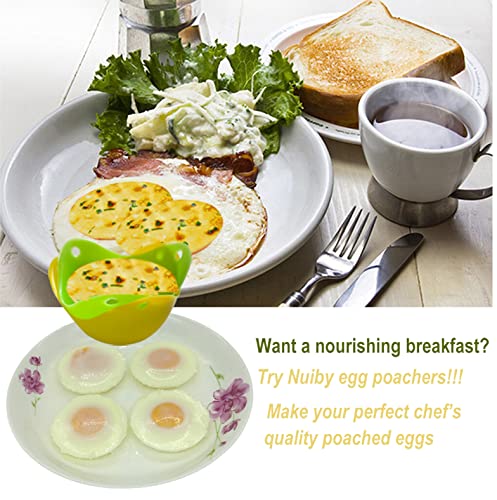 Silicone Egg Rings Round - NUIBY Non Stick Fried Egg Mold - Pancakes Maker Molds - Breakfast Egg Sandwich Cooker Maker - 4 Pack 4 Color, with Bonus 1 Spray Brush or 2 Egg Poachers or Both - Grill Parts America