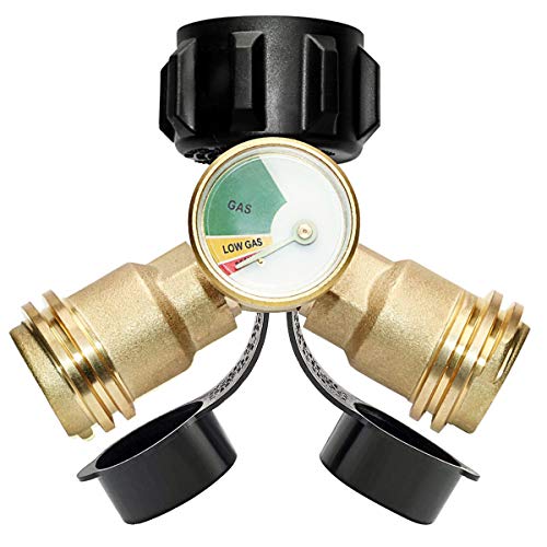 DOZYANT Propane Splitter, Propane Tank Y Splitter Adapter with Gauge, 2 Way LP Gas Adapter Tee Connector for 20lb Propane Tank Cylinder, Work with BBQ Grills, Camping Stoves, Gas Burners, Heater - Grill Parts America
