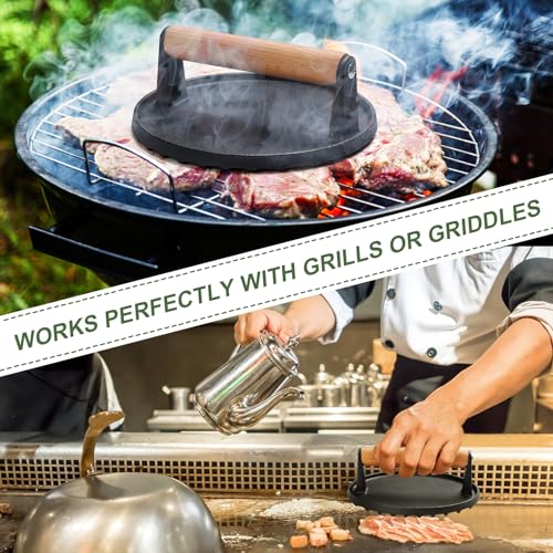 EWFEN Burger Press, 7" Round Heavy-Duty Cast Iron Smash Bacon Press Meat Steak with Wood Handle for Griddle, Sandwich, Nonstick Pan - Grill Parts America