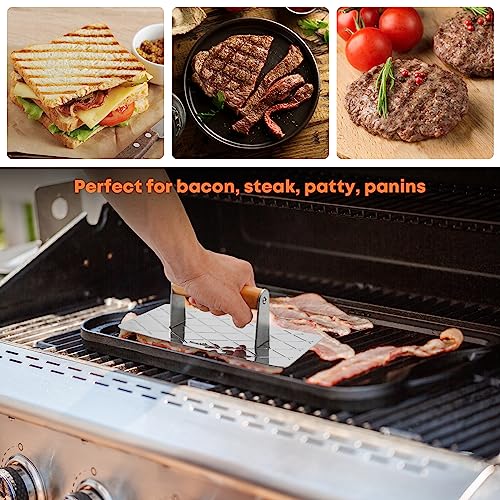 Stanbroil Stainless Steel Burger Press, Rectangular Grill Press, Burger Smasher with Wooden Handle, 9 x 4.5 Inches Bacon Press Perfect for Steak, Paninis, Flatbreads and Sandwiches - Grill Parts America
