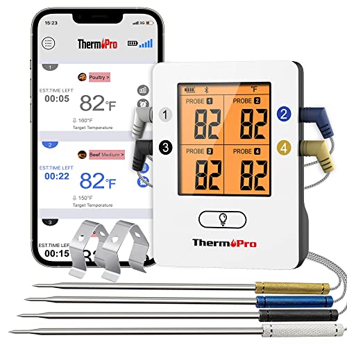 ThermoPro TP25 500ft Wireless Bluetooth Meat LCD Thermometer with 4 Temperature Probes Smart Digital Cooking BBQ Thermometer for Grilling Oven Food Smoker Thermometer, Rechargeable - Grill Parts America