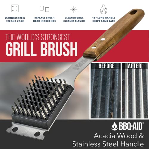 BBQ-Aid Grill Brush and Scraper for Barbecue – Grill Brush for Outdoor Grill with Extended, Large Wooden Handle and Replaceable Stainless Steel Bristles Head –No Scratch- BBQ Grill Brush for Any Grill - Grill Parts America
