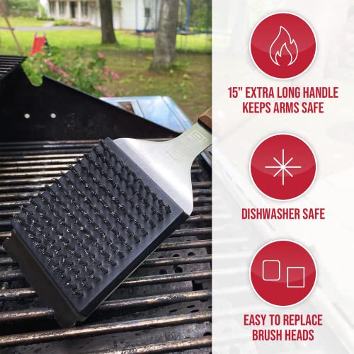BBQ-Aid Grill Brush and Scraper for Barbecue – Grill Brush for Outdoor Grill with Extended, Large Wooden Handle and Replaceable Stainless Steel Bristles Head –No Scratch- BBQ Grill Brush for Any Grill - Grill Parts America