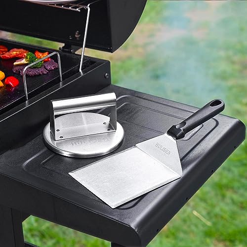 HULISEN Griddle Accessories for Blackstone, Smashed Burger Press Kit, Stainless Steel Burger Press with Raised edge & Burger Spatula, Professional Hamburger Grill Press for Flat Top Griddle Cooking - Grill Parts America
