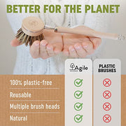 Eco Friendly Dish Brush with Handle - Eco Kitchen Brushes for Dishes - Dish Cleaning Brush Set with 3 Natural Dish Brush Replacement Heads - Eco Cleaning Tools - Agile Home + Garden Eco Friendly Gifts - Grill Parts America