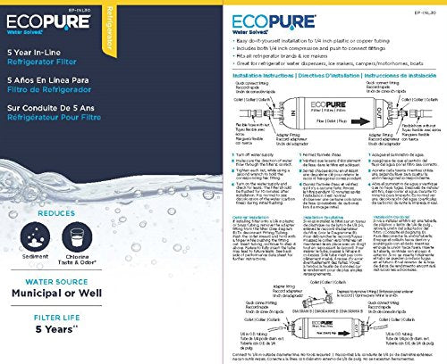 EcoPure EPINL30 5 Year in-Line Refrigerator Filter-Universal Includes Both 1/4" Compression and Push to Connect Fittings , White - Grill Parts America