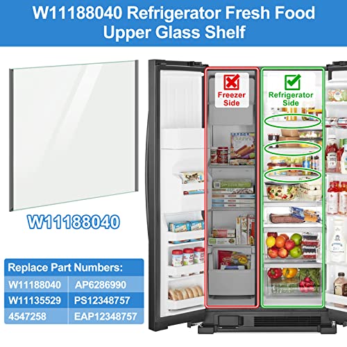 UPGRADED W11188040 Refrigerator Glass Shelf Compatible with Whirlpool Fresh Food Upper Glass Shelf Replacement,Tempered Glass Shelf Parts W11135529,AP6286990, Fit WRS312/ WRS315/ WRS321/WRS325..Series - Grill Parts America