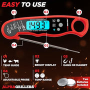 Alpha Grillers Instant Read Meat Thermometer for Grill and Cooking. Best Waterproof Ultra Fast Thermometer with Backlight & Calibration. Digital Food Probe for Kitchen, Outdoor Grilling and BBQ! - Grill Parts America