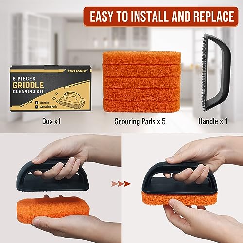 6-Piece Griddle Cleaning Kit for Blackstone, Flat Top Grill Cleaning Kit Non-Scratch Scouring Pads for Kitchen - 5 Scrubber Pads and 1 Handle - Grill Parts America