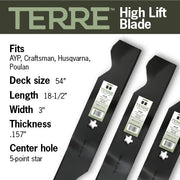 Terre Products, 3 Pack High Lift Lawn Mower Blades, 54 Inch Deck, Compatible with Craftsman, Poulan, Husqvarna, Replacement for PP24007, 187254, 187256, 532187254, 532187256 - Grill Parts America