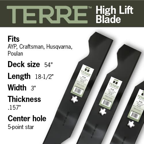 Terre Products, 3 Pack High Lift Lawn Mower Blades, 54 Inch Deck, Compatible with Craftsman, Poulan, Husqvarna, Replacement for PP24007, 187254, 187256, 532187254, 532187256 - Grill Parts America