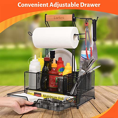 Lorbro Large Grill Utensil Caddy with Drawer, Picnic Camping Caddy with Paper Towel Holder, BBQ Organizer for Grilling Tool, Ideal Organizer for Picnic Condiment and Outdoor Griddle Accessories - Grill Parts America
