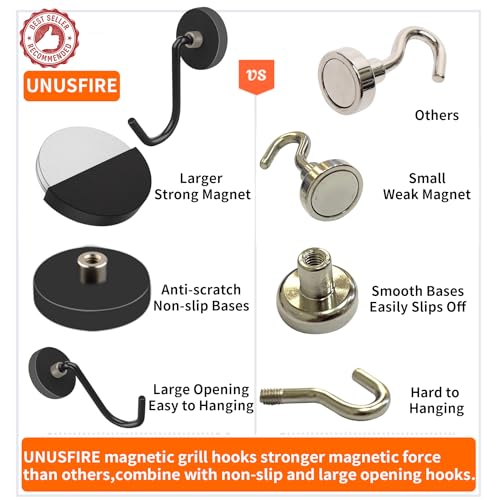 UNUSFIRE Magnetic Hooks,4Pack Heavy Duty Magnetic Hooks for Hanging Utensils,Anti-Scratch Strong Magnetic Grill Hooks with Magnet Rubber Coated for BBQ Tools Fridge Kitchen Cruising - Grill Parts America