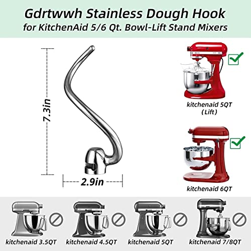 Gdrtwwh Stainless Steel Dough Hook Attachment for KitchenAid 5 & 6-Quart Bowl-Lift Mixer,Replacement Parts Bread Hook, Dishwasher Safe (Replace KNS256CDH) - Kitchen Parts America