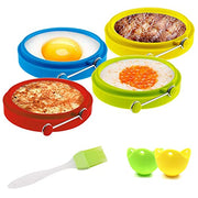 Silicone Egg Rings Round - NUIBY Non Stick Fried Egg Mold - Pancakes Maker Molds - Breakfast Egg Sandwich Cooker Maker - 4 Pack 4 Color, with Bonus 1 Spray Brush or 2 Egg Poachers or Both - Grill Parts America