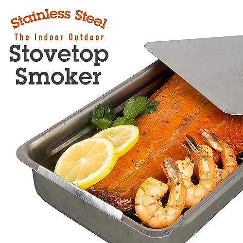 Indoor Outdoor Stovetop Smoker - Stainless Steel Smoker Box w/ Oak Wood Chips & Recipes- Works On Any Heat Source, Indoor Stovetop or Outdoor BBQ Grill-Great Fathers Day Gift & Grilling Gift for Men - Grill Parts America