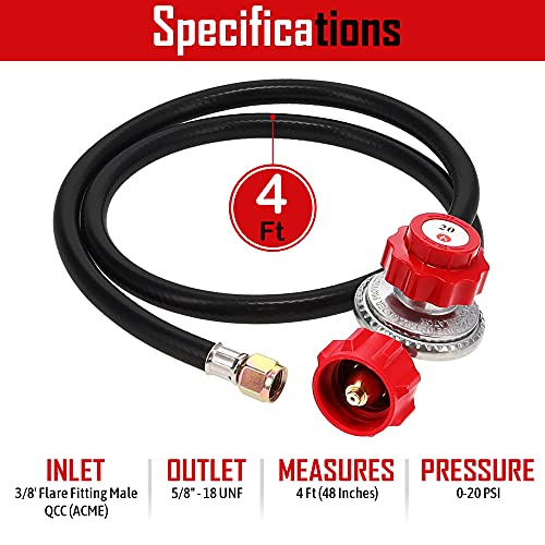 GasOne 2109-RED 4 ft High Pressure 0-20 PSI Adjustable Regulator with Red QCC-1 Type Hose-Works with Newer U.S. Propane Tanks - Grill Parts America