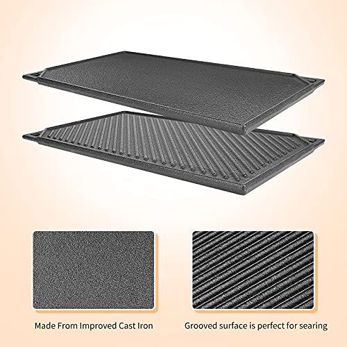 Hisencn Cast Iron Griddle, Nonstick Reversible Griddle for Gas Grill, Cast Iron Griddle Plate for Gas Stove Top, Oven, Outdoor Grill or Campfire (16.45'' x 9.45'') - Grill Parts America