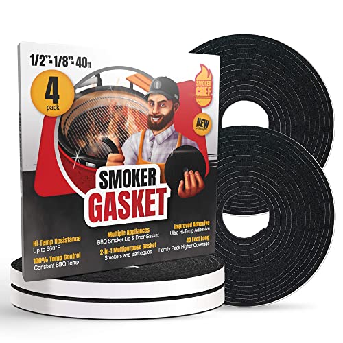 Smoker Chef XXL 40 FT Grill Gasket for Smokers - Black 1/2’’ x 1/8’’ Hi Temp Seal Smoker Gasket – 4-Pack x 10 FT Self Stick Black Nomex Fire Tape BBQ Lid – Bbq Grill Smoker Accessories Gifts for Men - Grill Parts America