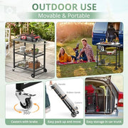 LUE BONA Foldable Outdoor Grill Cart with 2 Total Lock Casters, Stainless Steel Pizza Oven Stand, Rolling BBQ Table and 3 Shelf Folding Kitchen Island, Black - Grill Parts America