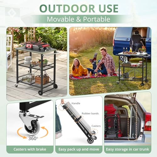 LUE BONA Foldable Outdoor Grill Cart with 2 Total Lock Casters, Stainless Steel Pizza Oven Stand, Rolling BBQ Table and 3 Shelf Folding Kitchen Island, Black - Grill Parts America