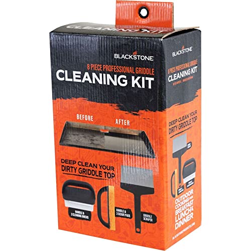 Blackstone 5060 Grill & Griddle Kit 8 Pieces Premium Flat Top Grill Accessories Cleaner Tool Set-1 Stainless Steel 6" Scraper, 3 Scouring Pads, 2 Cleaning Bricks, and 1 Handle, Black - Grill Parts America