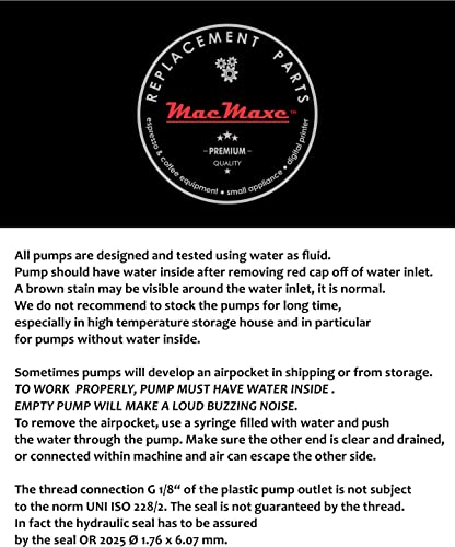 MacMaxe ULKA Model E Type EFP5 - Replacement Pump Compatible with Breville Espresso Machine - Solenoid Vibratory Water Pump with 2 O-Ring Seals - 15 Bar Max Pressure, 2/1 Min. On/Off, 120V, 60Hz, 52W - Grill Parts America