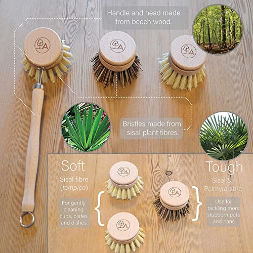 Eco Friendly Dish Brush with Handle - Eco Kitchen Brushes for Dishes - Dish Cleaning Brush Set with 3 Natural Dish Brush Replacement Heads - Eco Cleaning Tools - Agile Home + Garden Eco Friendly Gifts - Grill Parts America