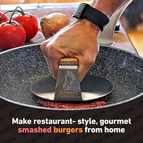 The Sasquash - 6" Heavy Duty Extra Wide Flat Handle Smashed Burger Press - Grill Parts America
