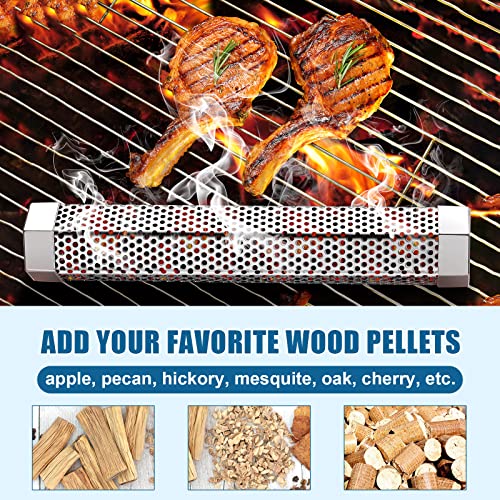 4 Pcs Pellet Smoker Tube 12 Inch Stainless Steel BBQ Wood Pellet Tube for Smoking with Cleaning Brush and 8 S Shape Hooks for Hours of Billowing Cold Hot Smoking for All Grills or Smokers - Grill Parts America